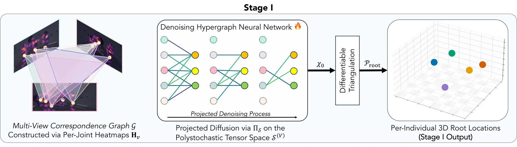 Stage I — Projected diffusion on the polystochastic tensor space producing per-individual 3D root locations.